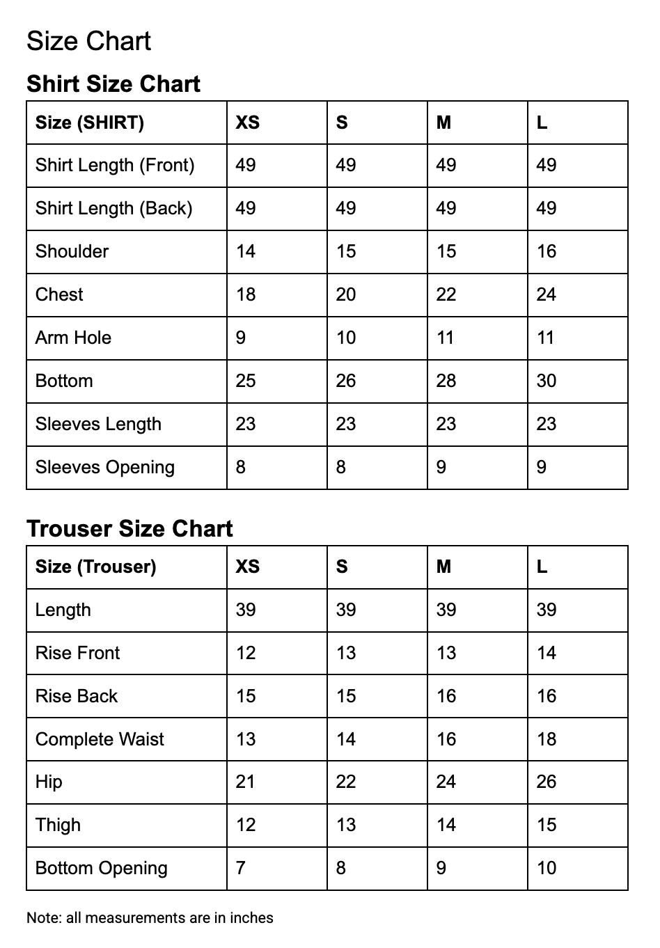 Limelight size guide chart